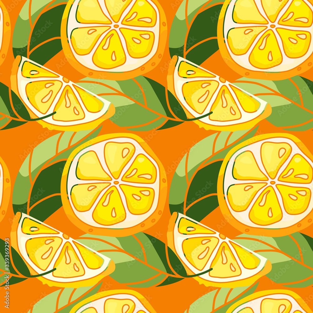 Lemon pieces with leaves on orange backdrop. Citric seamless pattern for wrapping paper, sleeper, bath tile, apparel or bed linen. Phone case or cloth print. Drawn style stock vector illustration