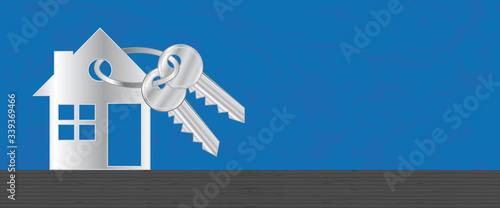 Real estate. Vector header banner with silver home and keyring. Vector background.