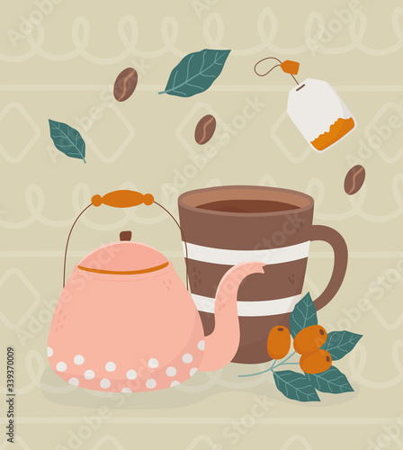 coffee time, coffee cup teapot tea bag beans leaves fresh beverage