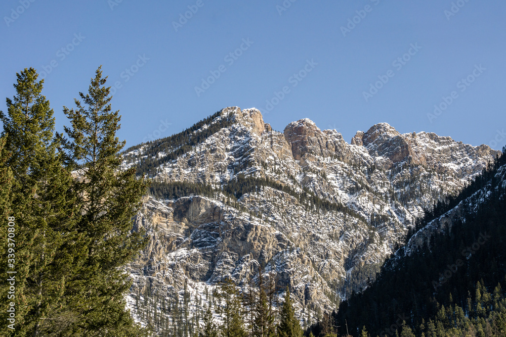 close-up view of the mountain peak with trees and snow on it sunny spring day.