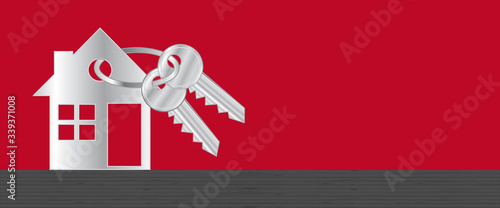 Real estate. Vector header banner with silver home and keyring. Vector background.