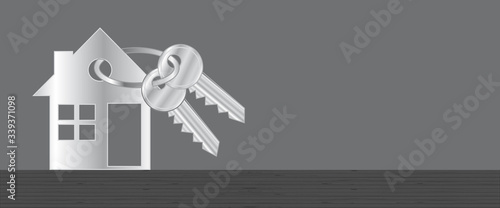 Real estate. Vector header banner with silver home and keyring. Vector background.