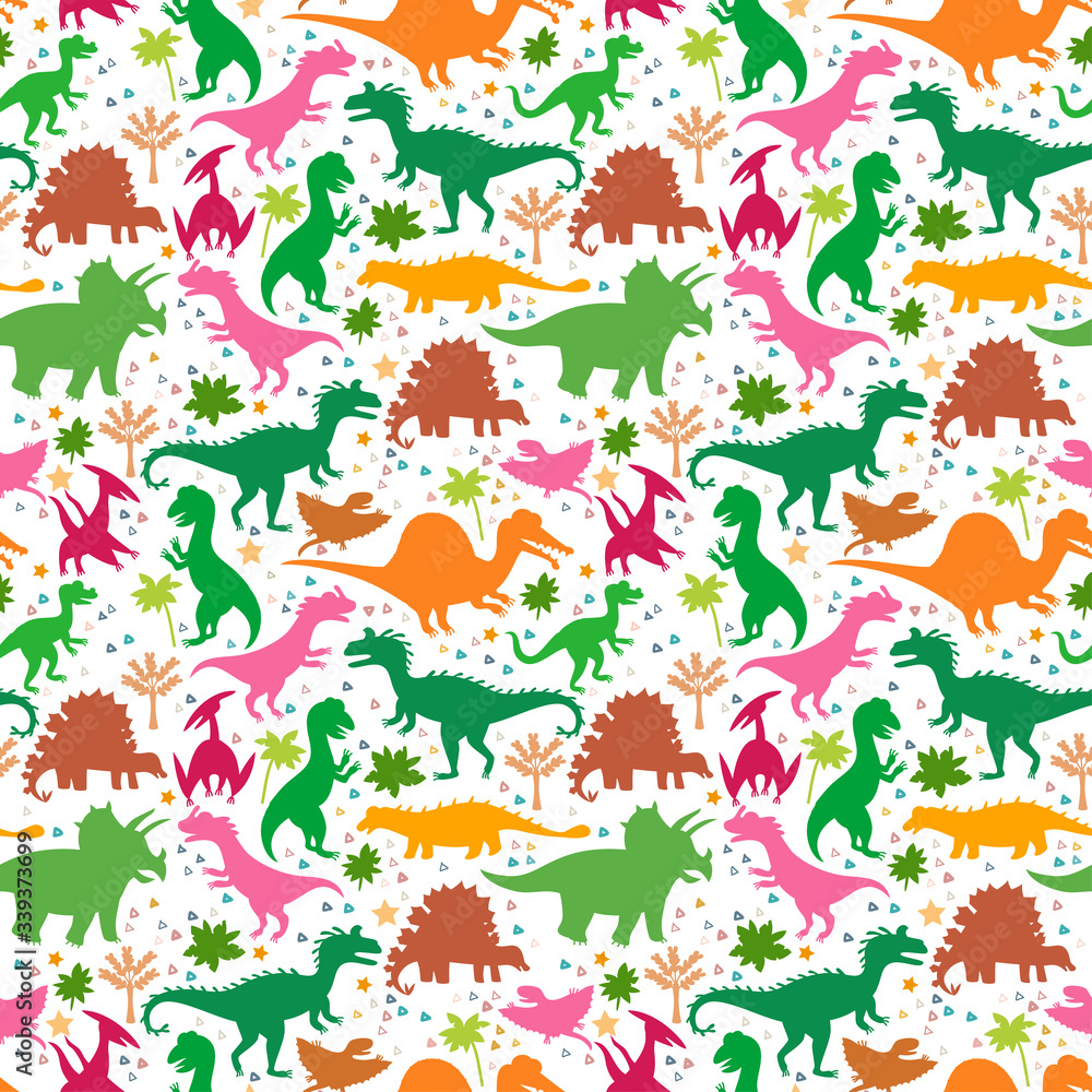 Childish pattern with silhouettes a cute dinosaurs