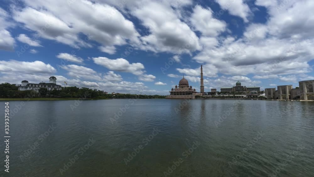 Time lapse: Majestic beautiful view of the Putra Mosque or also known as Masjid Putra by the Putrajaya Lake from Day to Night, Time lapse: Majestic beautiful view of the Putra Mosque or also known as Masjid Putra by the Putrajaya Lake from Day to Night,