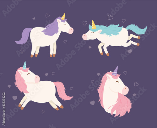 unicorns cartoon character magical fantasy cartoon cute animal set