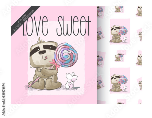 Cartoon cute sloth with sweet candy seamless pattern