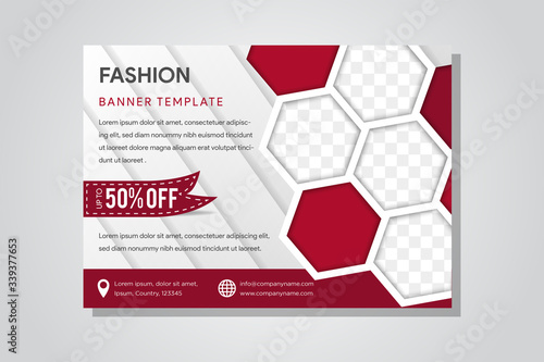 Illustration for your business presentations. Brochure or flyer. horizontal layout. flat red color. hexagon shape on right side for place of photo collage. diagonal shadow pattern. Fashion template