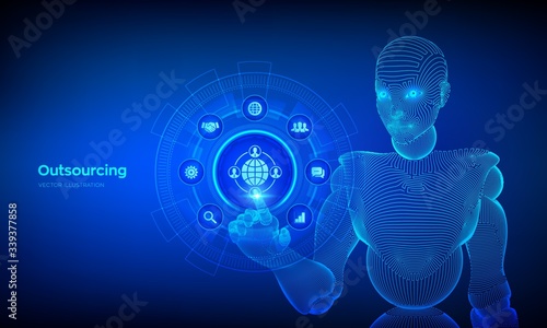 Outsourcing and HR. Social network and global recruitment. Global Recruitment Business and internet concept on virtual screen. Wireframed cyborg hand touching digital interface. Vector illustration.