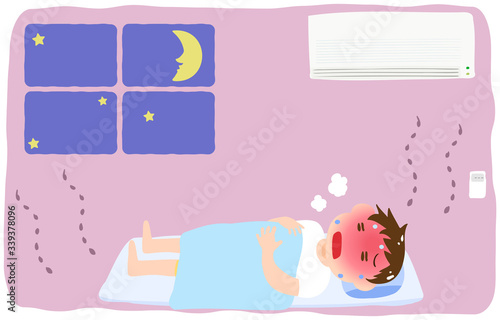 エアコンをつけずに熱中症になる男の子のイラスト