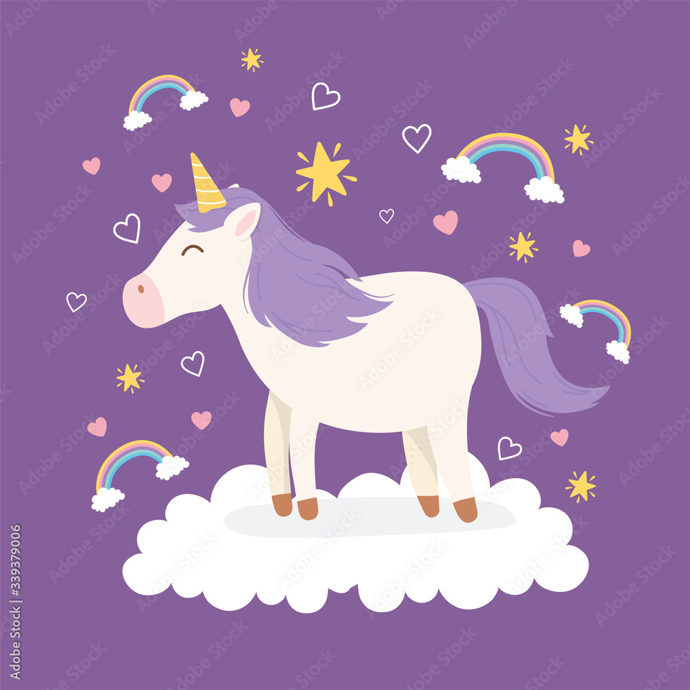 unicorn purple hair on cloud rainbows decoration magical fantasy cartoon  cute animal Stock Vector | Adobe Stock