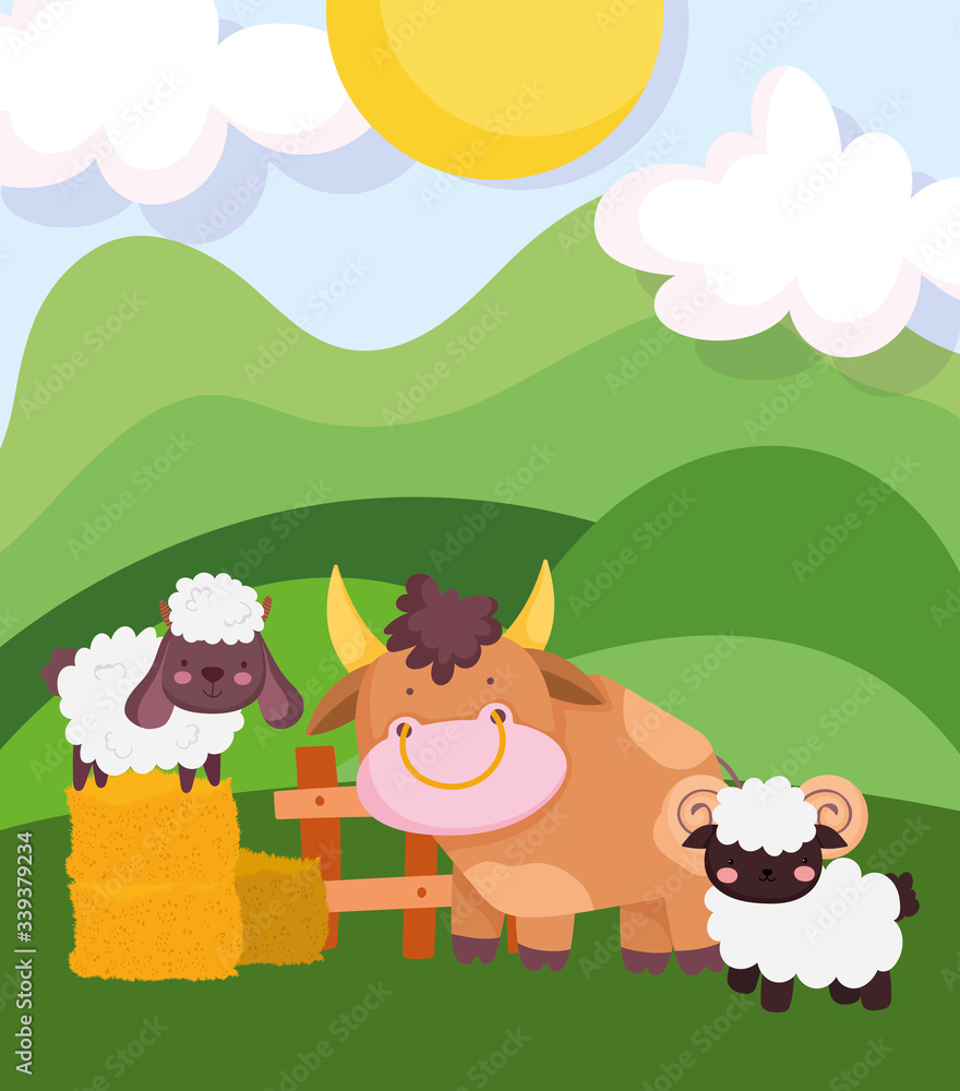 farm animals bull goat sheep in hay wooden fence grass cartoon farm animals bull goat sheep in hay wooden fence grass cartoon