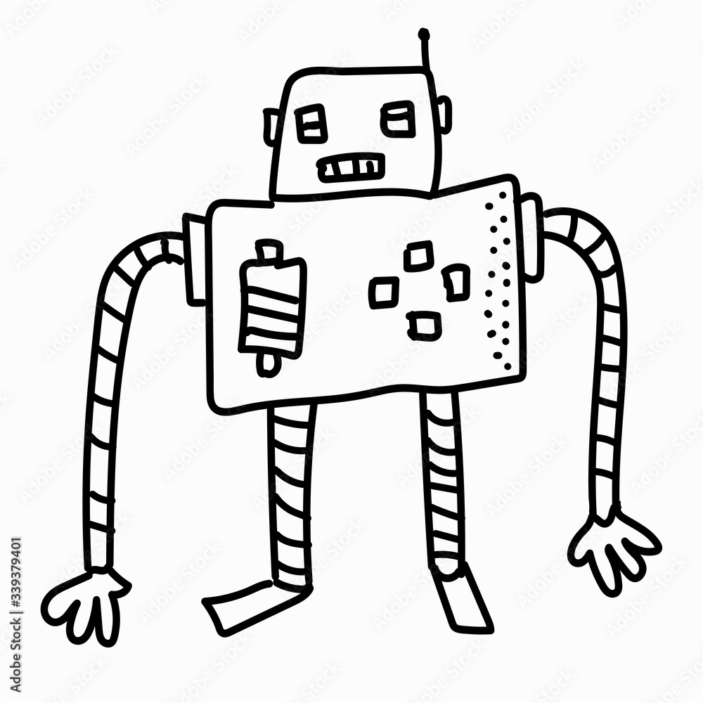 Cartoon robot isolated on white, hand drawn vector illustration, doodle style picture. Sketch design elements for banner, flyer, card, collage. Simple stick figure Cartoon robot isolated on white, hand drawn vector illustration, doodle style picture. Sketch design elements for banner, flyer, card, collage. Simple stick figure