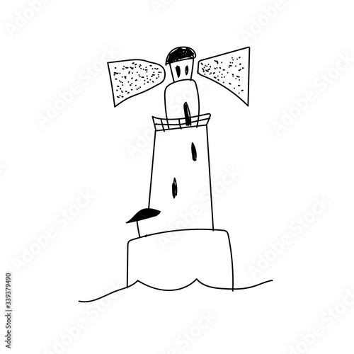  ute doodle lighthouse.Hand-drawn vector illustration. element for posters, postcards, stickers and seasonal design. Isolated on a white background
