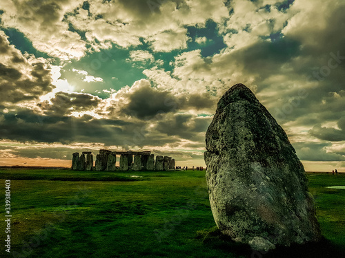 Stonehenge an ancient prehistoric stone monument near Salisbury with dramatic sky, Wiltshire, UK. in England