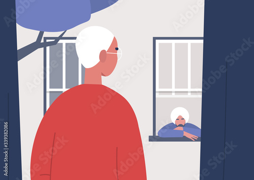 Stay at home order, two neighbours looking at each other through the window, boredom