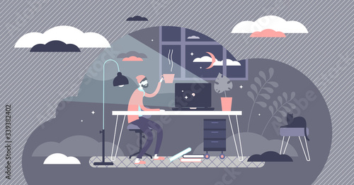 Freelancer working vector illustration. Work place flat tiny persons concept.