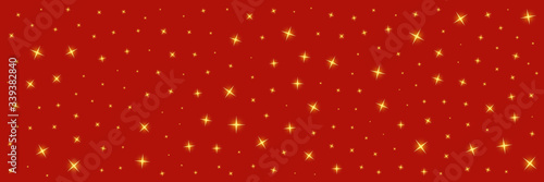Golden sparkles stars shine on red background. Template of decorative decoration backdrop for banner on christmas, birthday or wedding invitation cards. Glowing light effect star. Vector illustration