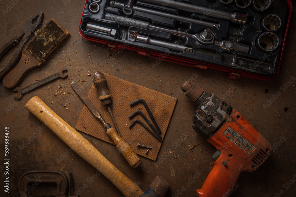 Closeup of tools on a workbench in the shed