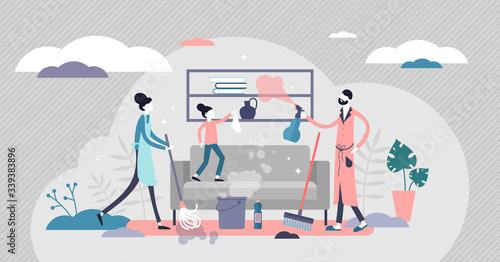 Housework vector illustration. Stay at tidy home flat tiny persons concept.