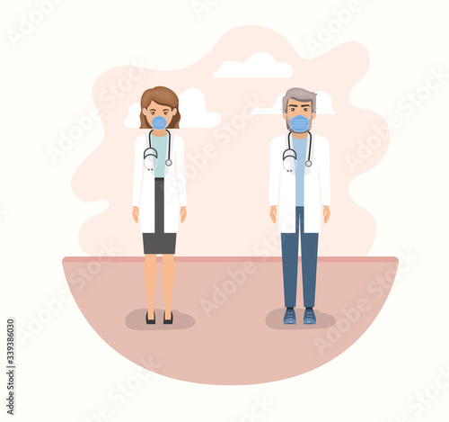 Woman and man doctors with masks and uniforms against 2019 ncov virus vector design