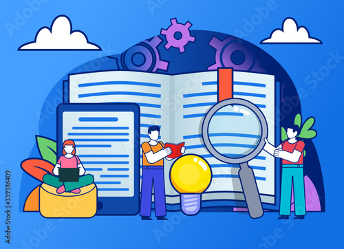Read books live or online with e-reader. Small people stand near big book. Education, study concept. Poster for social media, web page, banner, presentation. Flat design vector illustration