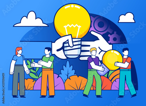 Share ideas, business startup. Small people stand near big hand holding idea lightbulb. Poster for social media, web page, banner, presentation. Flat design vector illustration