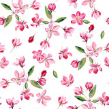 Apple blossom watercolor seamless pattern. Beautiful hand drawn texture