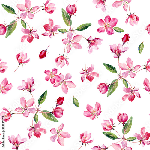 Apple blossom watercolor seamless pattern. Beautiful hand drawn texture