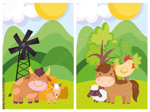 farm animals bull horse sheep hen windmill trees cartoon © Stockgiu
