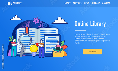 Online digital library concept. Small people stand near big book. Modern design vector illustration. Web landing page template