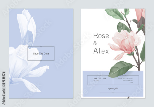 Floral wedding invitation card template design, pink magnolia flowers with leaves on bright blue and white