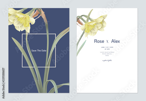 Floral wedding invitation card template design, daffodil flowers with leaves on blue and white