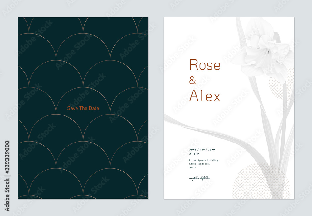 Floral wedding invitation card template design, grey daffodil flowers with leaves