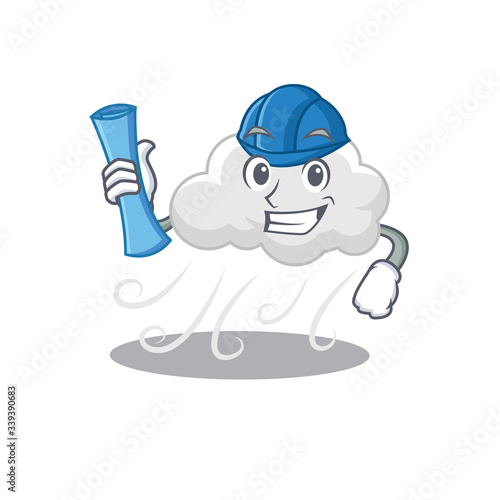 Cartoon character of cloudy windy brainy Architect with blue prints and blue helmet