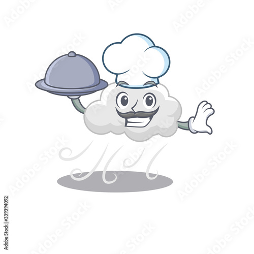 Cloudy windy chef cartoon character serving food on tray © kongvector