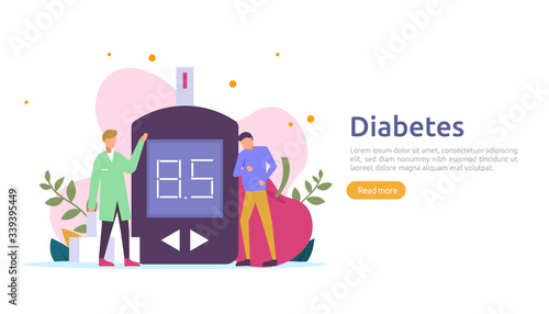 Diabetes mellitus monitoring concept. sugar level blood measures with glucose testing meter. insulin injection treatment and diet control therapy. illustration template for web landing page