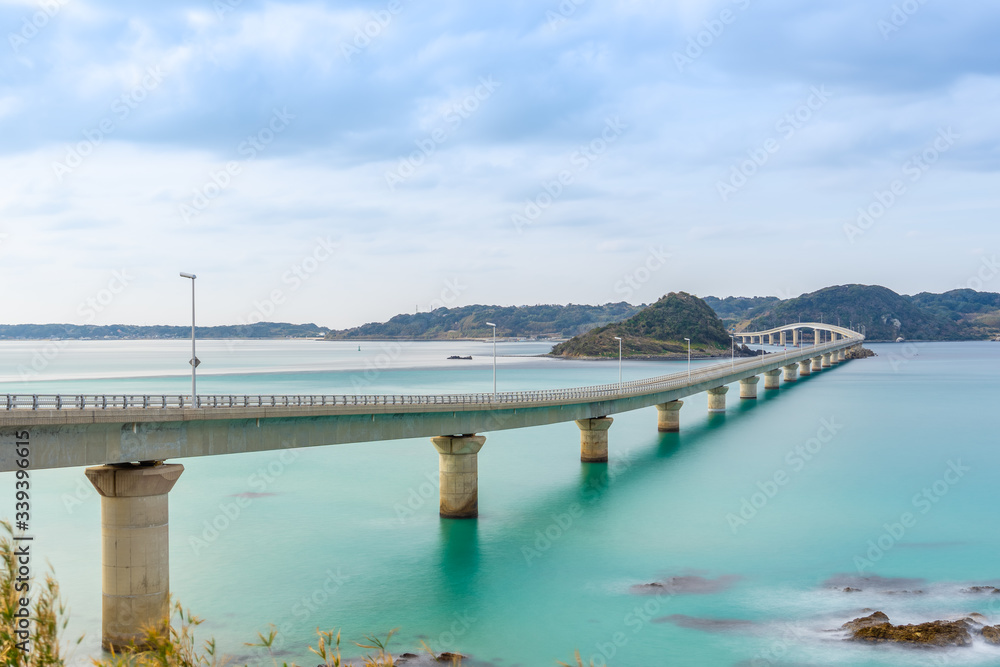 Perspective view of Tsunoshima Ohashi Bridge in Shimonoseki with a long exposure. The bridge located off the northwest coast of Yamaguchi Prefecture by the Sea of Japan. Perspective view of Tsunoshima Ohashi Bridge in Shimonoseki with a long exposure. The bridge located off the northwest coast of Yamaguchi Prefecture by the Sea of Japan.