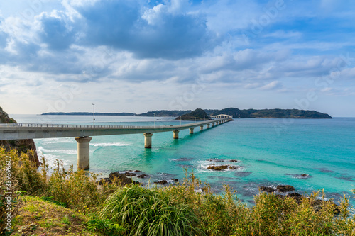 Perspective view of Tsunoshima Ohashi Bridge in Shimonoseki. The bridge located off the northwest coast of Yamaguchi Prefecture by the Sea of Japan.