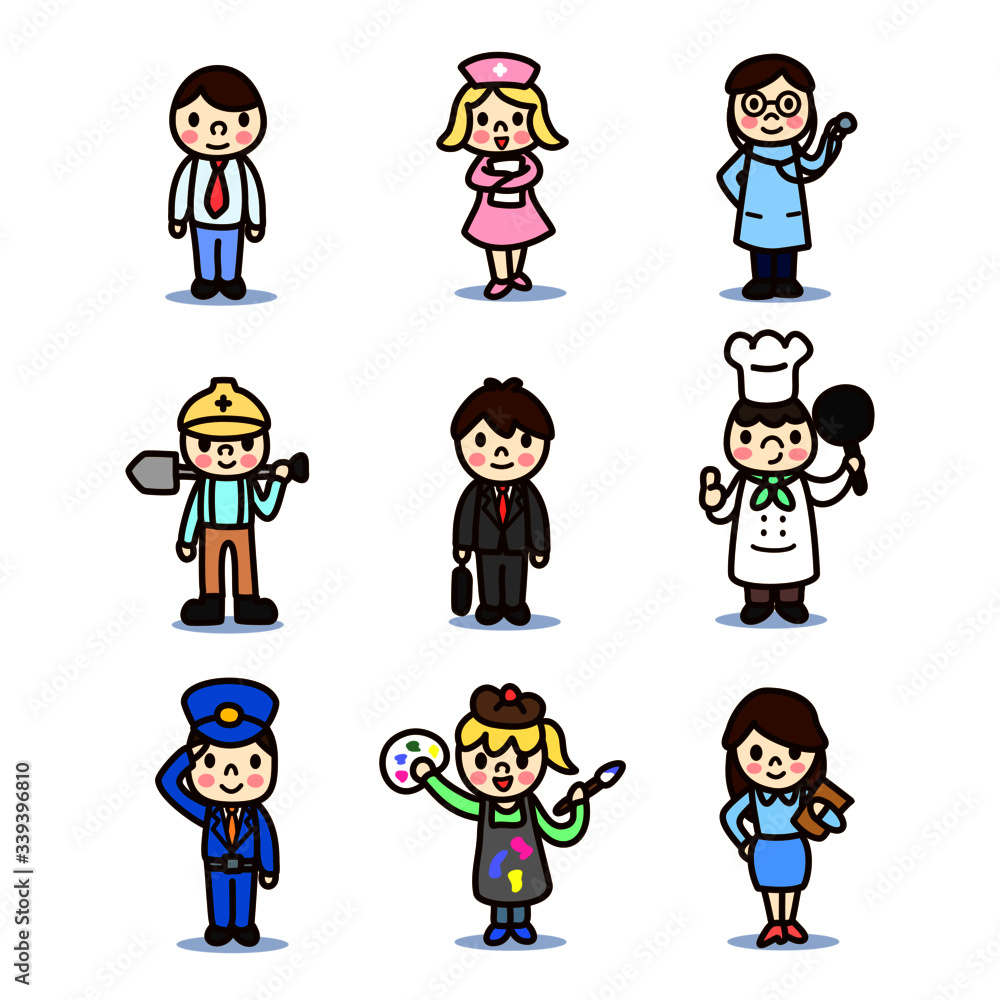 9 People of different profession cartoon sets, business man, nurse, doctor, worker, sale man, chef, police, artist, secretary on white background. 9 People of different profession cartoon sets, business man, nurse, doctor, worker, sale man, chef, police, artist, secretary on white background.