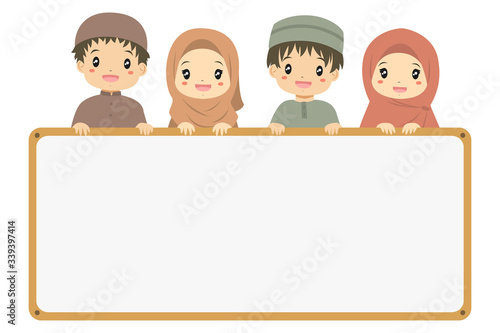 Muslim little boys and girls holding an empty whiteboard. Muslim kids cartoon vector.