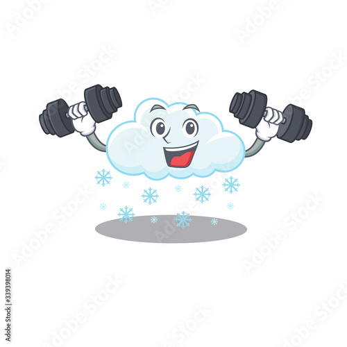 Mascot design of smiling Fitness exercise snowy cloud lift up barbells