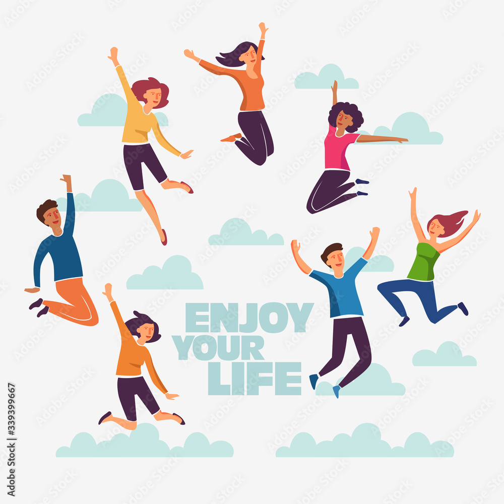 Group of young people jumping on white background with copy space ...