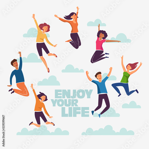 Group of young people jumping on white background with copy space. Stylish modern vector illustration with happy male and female teenagers Party, sport, dance and friendship team concept