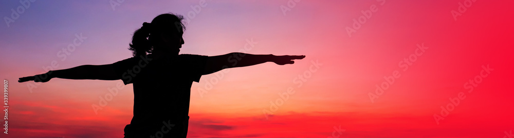 Banner of woman play yoga silhouette on the beach