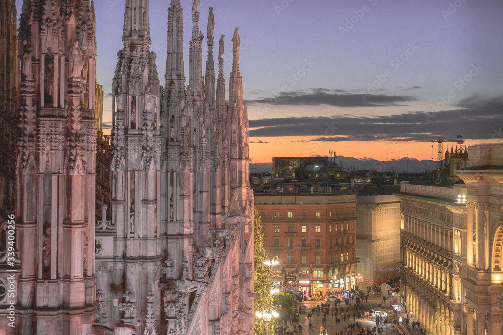 The view of Duomo di Milano from balcony in night time.