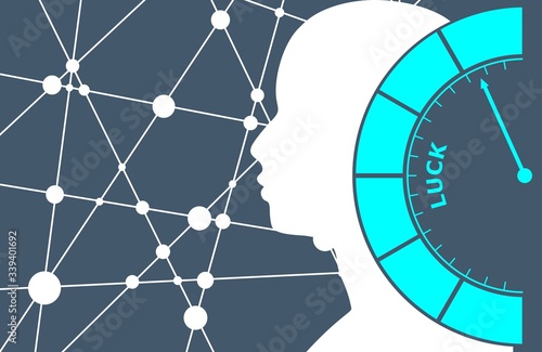 Abstract meter read level of luck result. Scale with arrow. The measuring device icon.Infographic gauge element. Head of man. Connected lines with dots