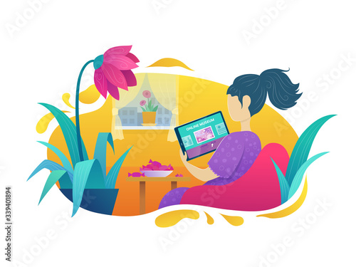 Online tour of museum. Woman visiting art exhibition with tablet computer at home in comfort. Virtual museum and art gallery interactive tour vector illustration. Stay home in quarantine concept.