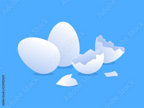 White chicken eggs and eggshell isolated on blue background. Natural and healthy food ingredient vector illustration. Morning breakfast cooking concept. Traditional farming and eggs production photo