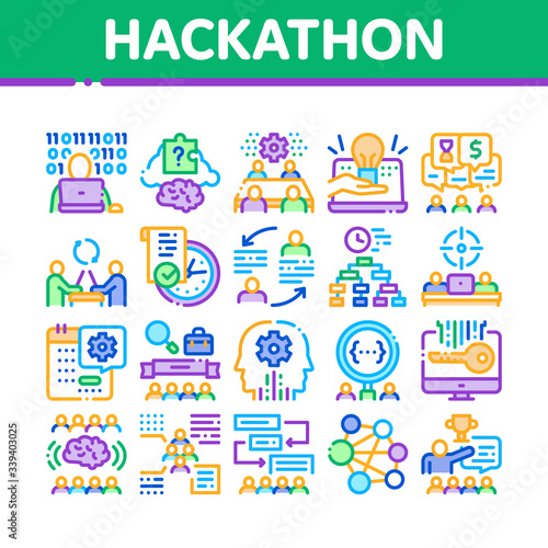Hackathon Development Collection Icons Set Vector. Hackathon Business, Developer Coding And Brainstorm, Meeting And Idea Concept Linear Pictograms. Color Illustrations