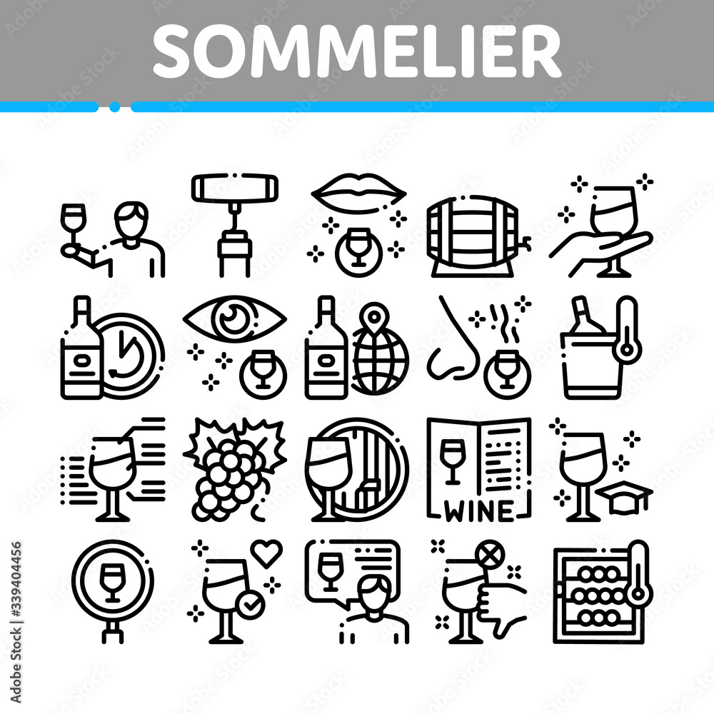 Sommelier Wine Tasting Collection Icons Set Vector. Sommelier Hold Glass With Alcoholic Drink, Barrel And Corkscrew, Grape And Bottle Concept Linear Pictograms. Monochrome Contour Illustrations Sommelier Wine Tasting Collection Icons Set Vector. Sommelier Hold Glass With Alcoholic Drink, Barrel And Corkscrew, Grape And Bottle Concept Linear Pictograms. Monochrome Contour Illustrations